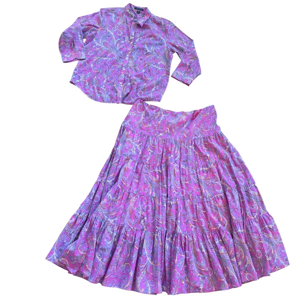 Lauren Ralph Lauren Pink Paisley 2 Piece Set Cotton Shirt & Tiered Maxi Skirt XL
